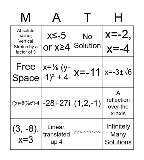 Algebra 2 5 Review Bingo Card