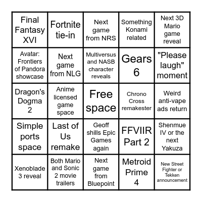 The Game Awards 2021 Bingo Card