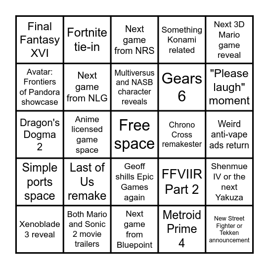 The Game Awards 2021 Bingo Card