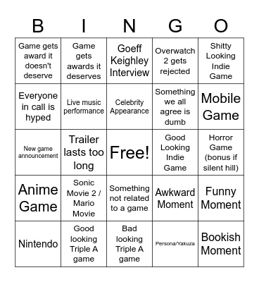Game Awards Bingo Card