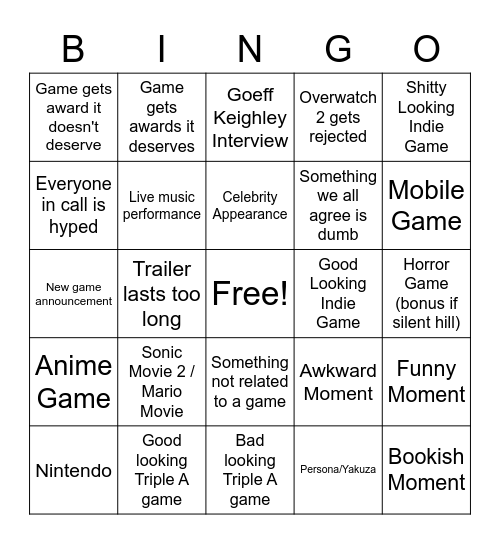 Game Awards Bingo Card