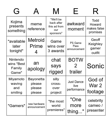 Game Awards 2021 Bingo Card