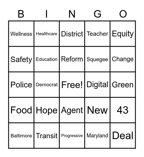 Benbow for Baltimore Bingo Card