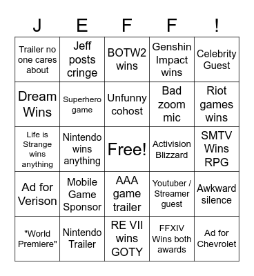 Game Awards Bingo 2021 Bingo Card