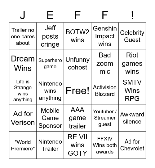 Game Awards Bingo 2021 Bingo Card