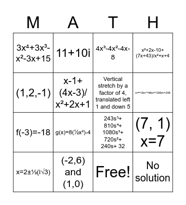 Algebra 2 6 review Bingo Card