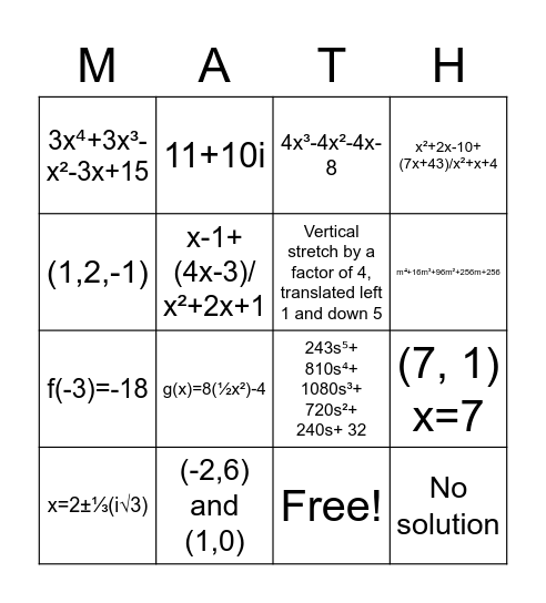 Algebra 2 6 review Bingo Card