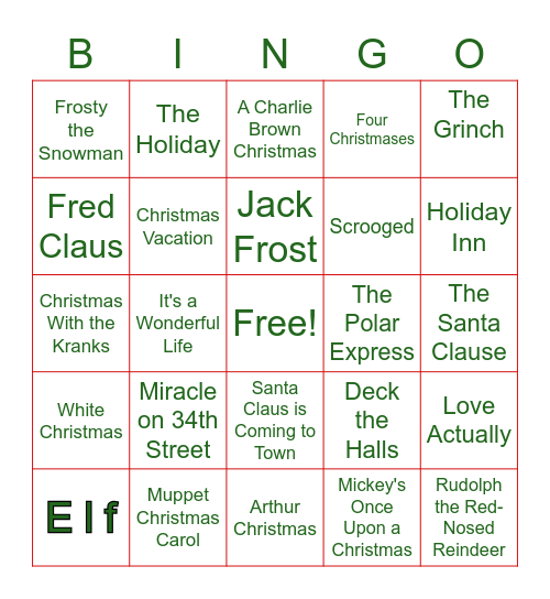 Christmas Movies Bingo Card