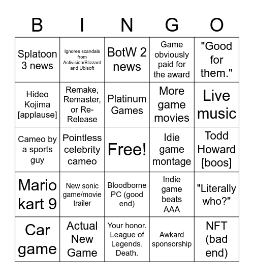 Game Awards 2021 Bingo Card