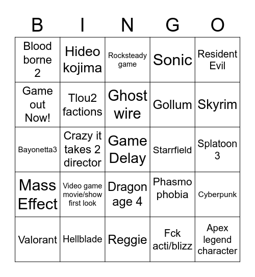 Video Game Awards 2021 Bingo Card