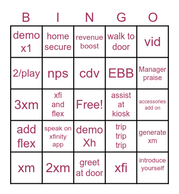 Xfinity Bingo Card
