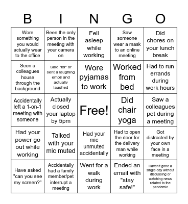 Remote Work Themed Bingo Card