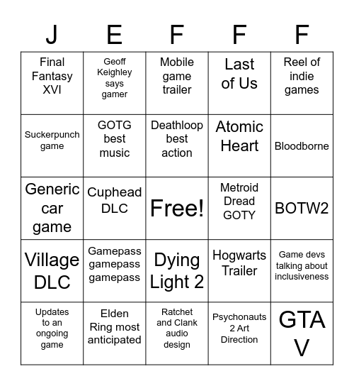 Game Awards Bingo Card