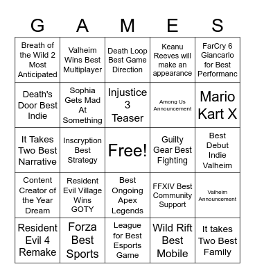 Game Awards Bingo Card