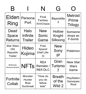 GDDS Game Awards 2021 Bingo Card