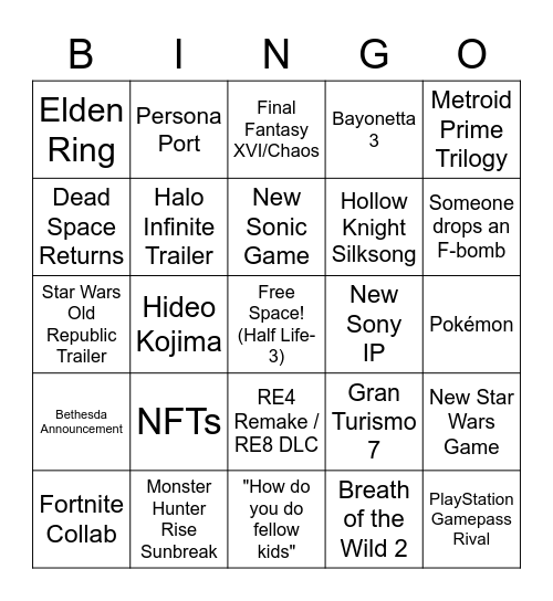 GDDS Game Awards 2021 Bingo Card