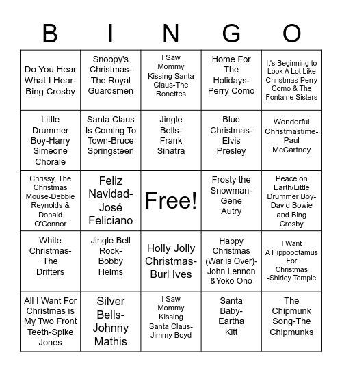 Christmas songs Bingo Card