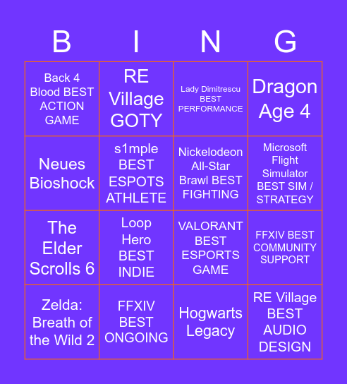 The Game Awards 2021 Bingo Card