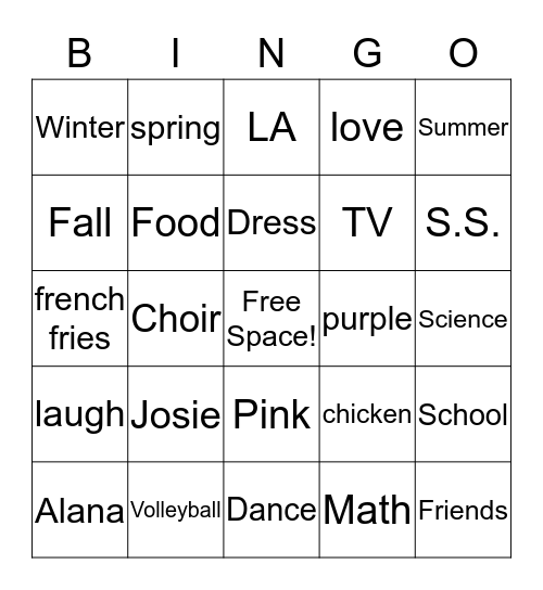 Alana's Bingo Card