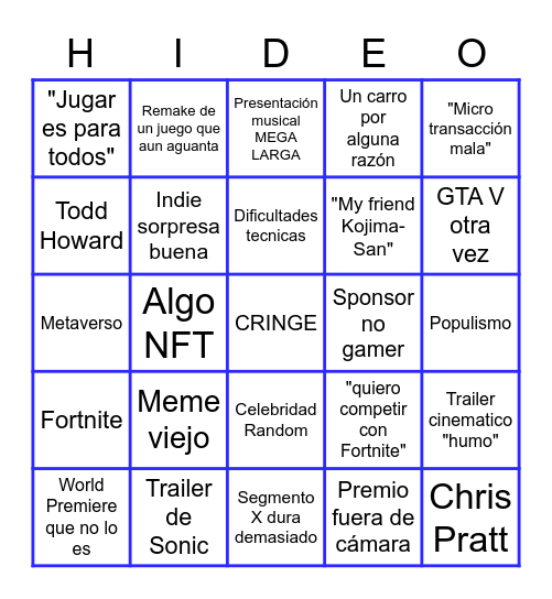 Bingo de los Game Awards Bingo Card