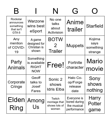 Game Awards 2021 Bingo Card