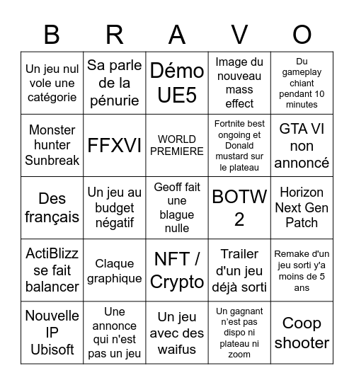 FR - Game Awards 2021 Bingo Card