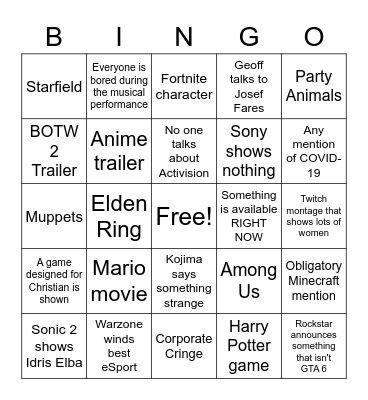 Game Awards 2021 Bingo Card