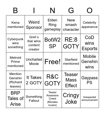 The GA Awards Bingo Card
