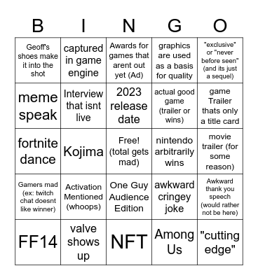 Video Game Awards Bingo Card