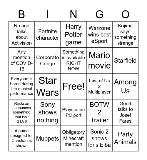 Game Awards 2021 Bingo Card