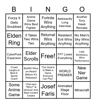 Goo Guess Game Awards Bingo Card