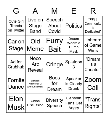 Game Awards 2021 Bingo Card