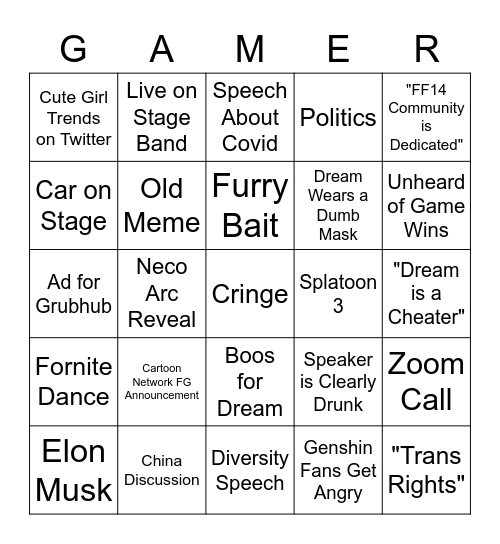 Game Awards 2021 Bingo Card