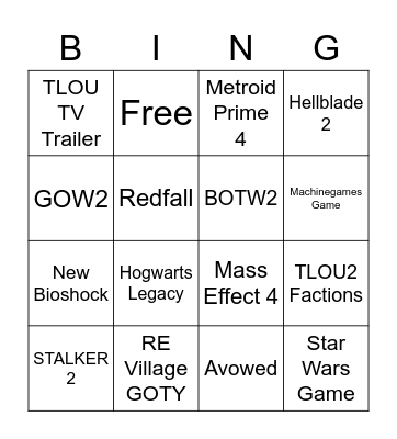 TGA 2021 Bingo Card
