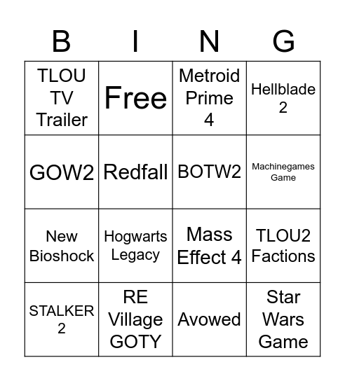 TGA 2021 Bingo Card