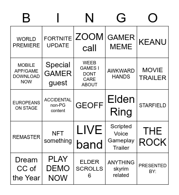 Game Awards Bingo Card