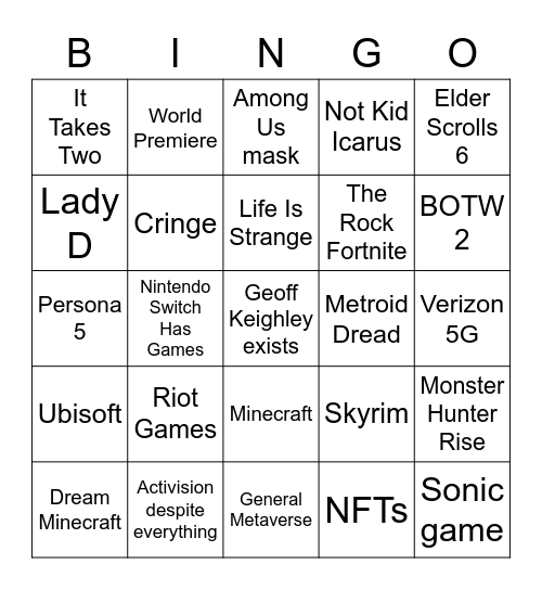 The Game Awards Bingo Card