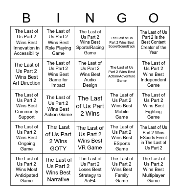 Game Awards Bingo Card