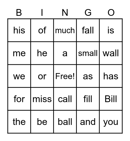 Unit 4 Fundations Bingo Card