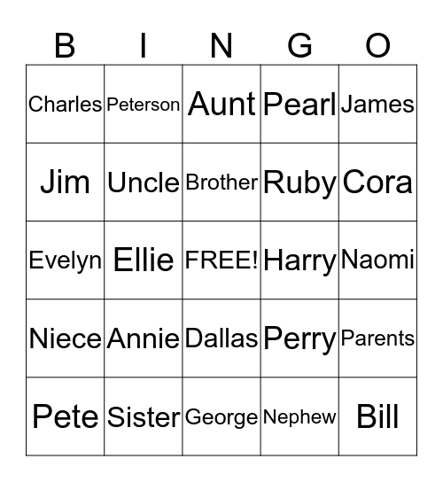 Peterson Family Bingo Card