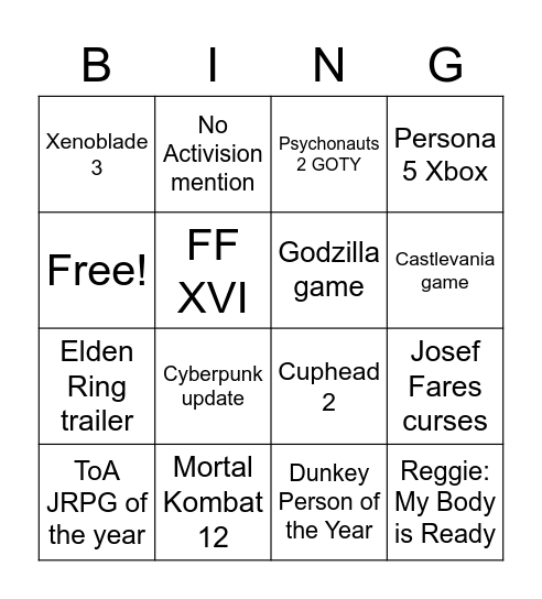 TGA 2021 Bingo Card