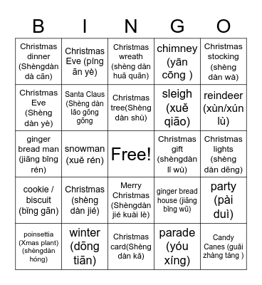 Sat-聖誕節/圣诞节 (Pin Yin + English) Bingo Card