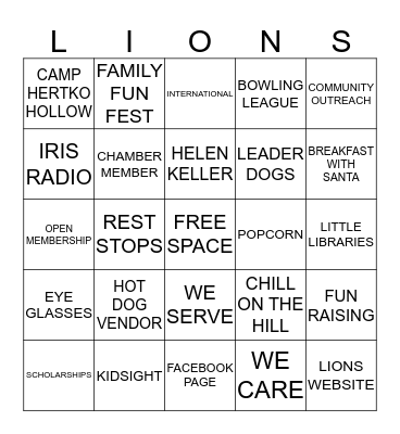 PLEASANT HILL L IONS CLUB BINGO Card