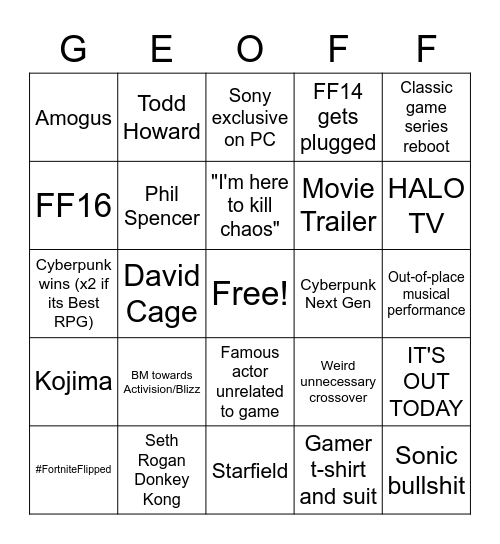 TGA Bingo Card