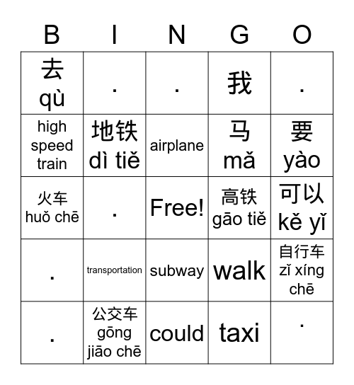 交通工具 Bingo Card