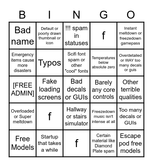 Crappy Core Games Bingo Card