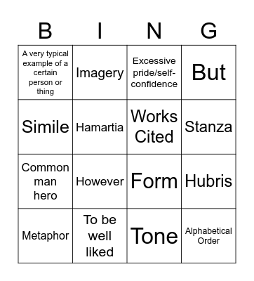 AP Lit Review Bingo Card