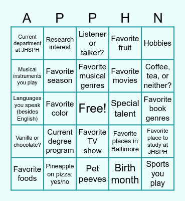 APPHN Icebreaker Bingo Card