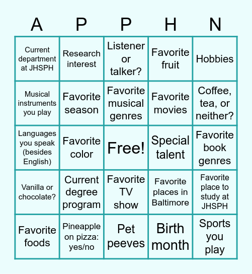 APPHN Icebreaker Bingo Card