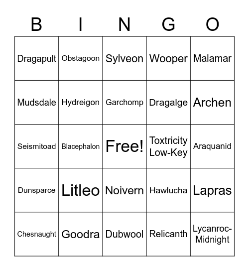 pokemon Bingo Card